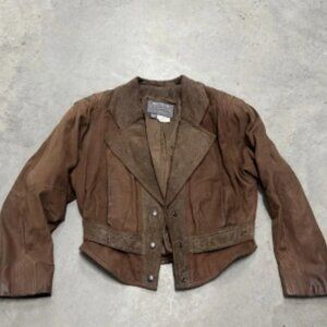 International Outerwear Women's Leather Jacket Brown Size M Vtg Cropped Button
